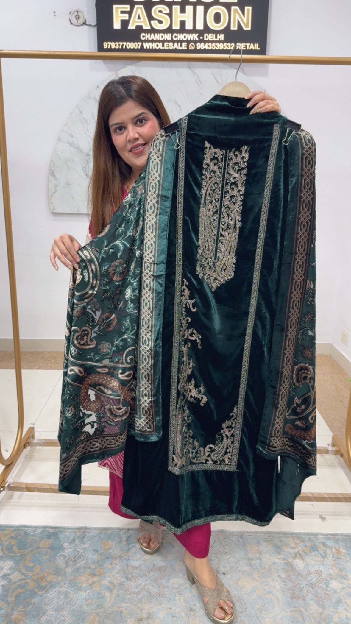 Winter fashion ,pure brasso dupatta premium and pure designer pure velvet suit material along with velvet bottom and brasso dupatta GF 856