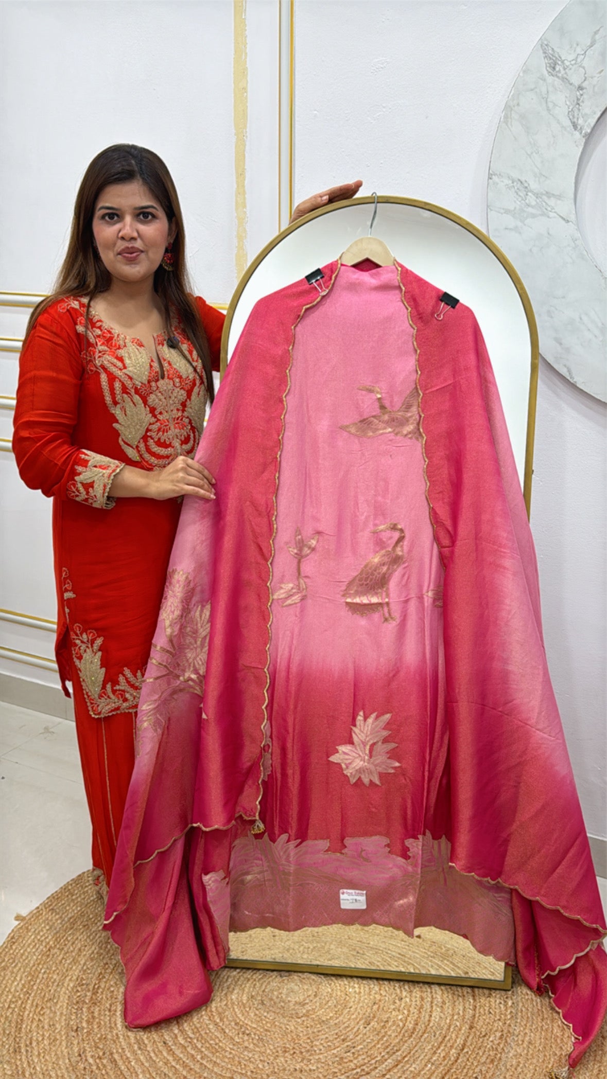 Latest and super designer pure metallic shimmer silk suit material with flamingo applique work all over shirt and dupatta GF495