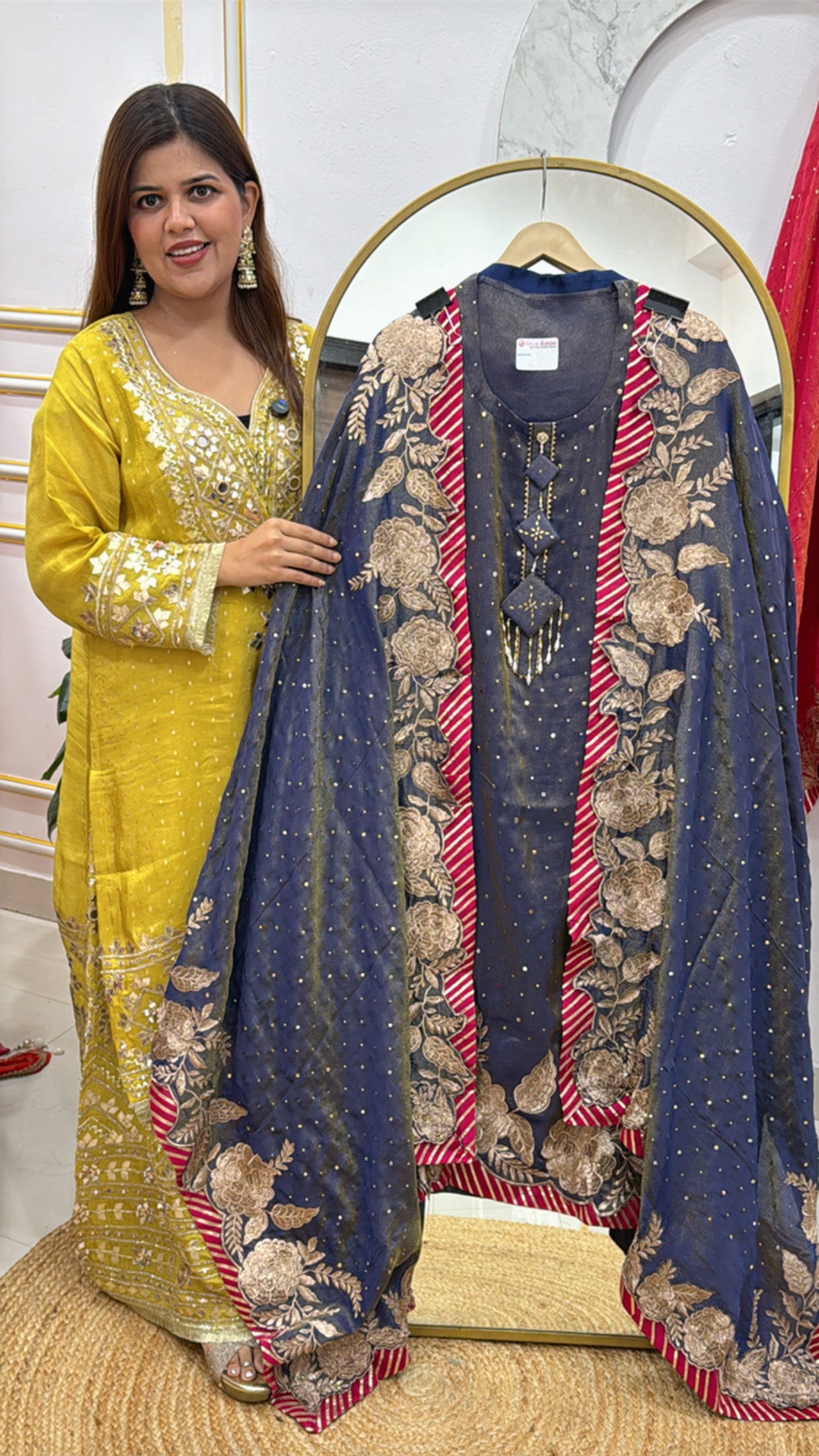 partywear unique designer crushed shimmer silk suit material with heavy designer applique dupatta along with designer neck detailing GF 477