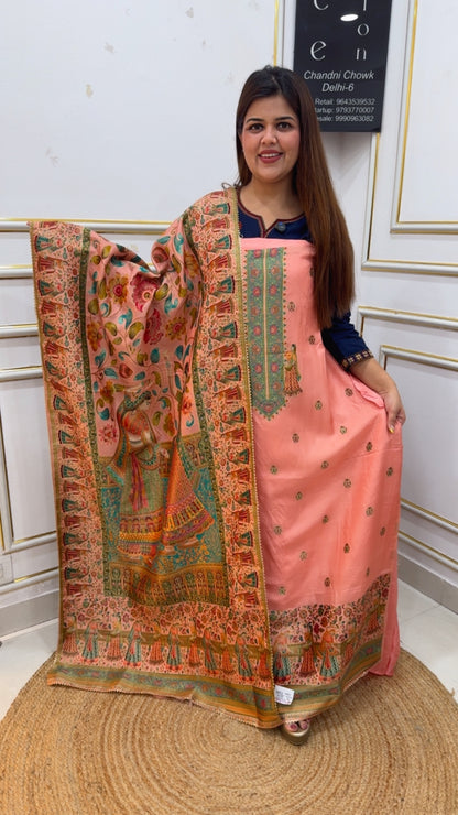 Pure silk kajivaram weaved super classy partywear royal suit material along with full gold weaved artwork dupatta GF1126 Peach