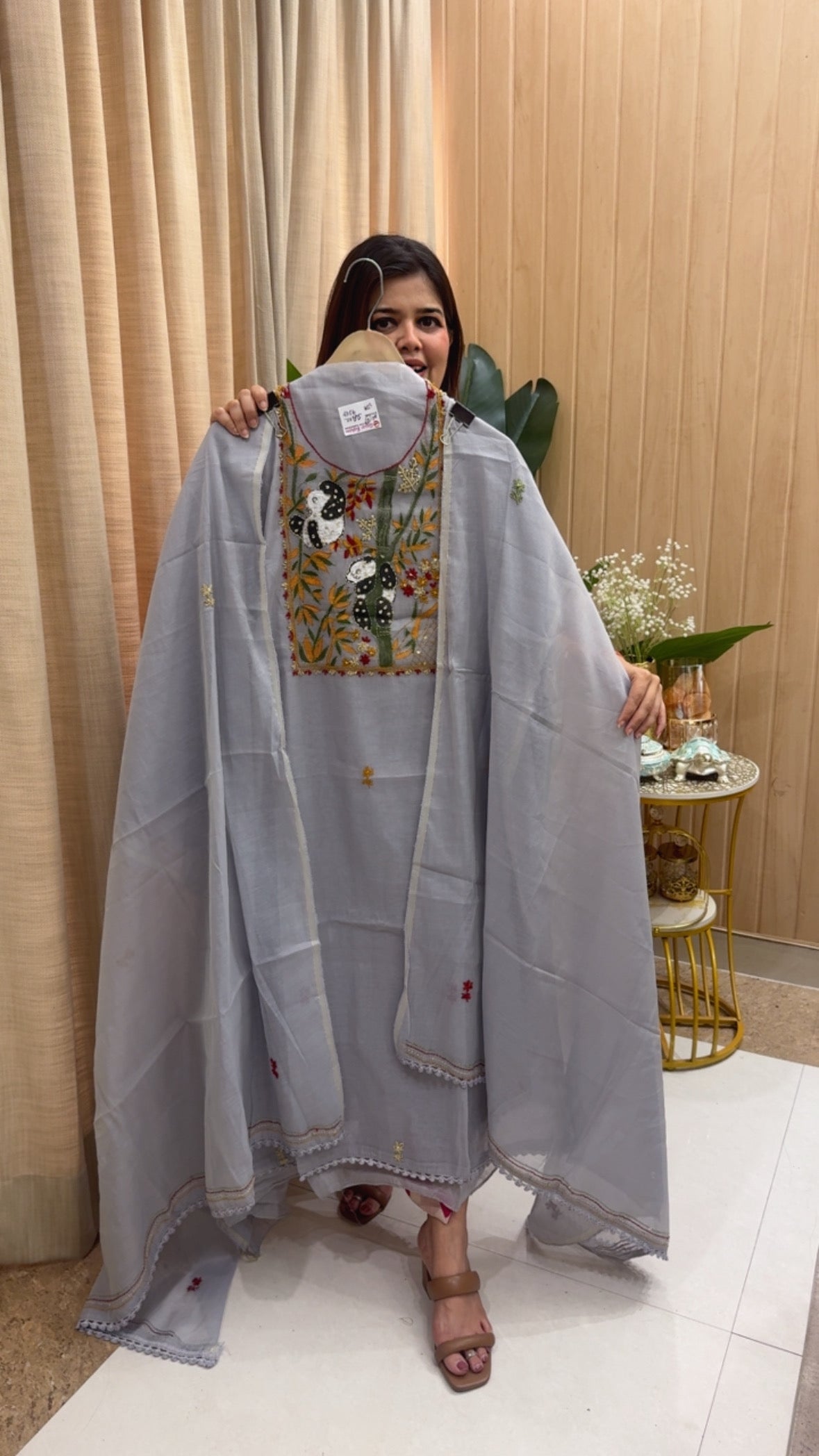 Ultra premium pure Mul Mul super unique panda hand embroidery detailing along with Kantha hand embroidery designer suit material with pure Mul Mul dupatta GF1194