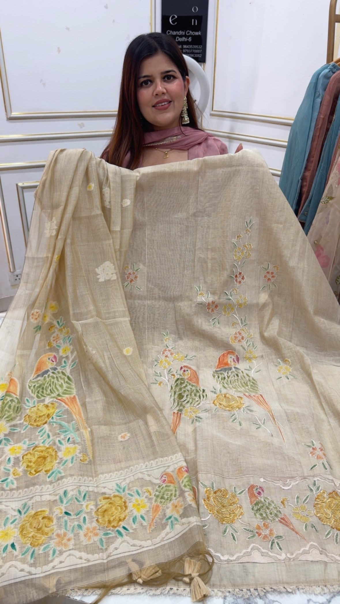 Latest and trending Moonga silk jamdhani latest embossed embroidery creation with unique weaved dupatta GF1201 Beige with Orange