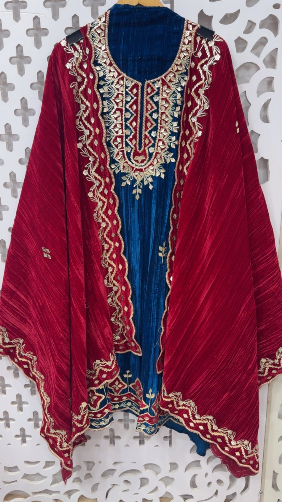 partywear special crushed velvet full mirror and gota work contrasting designer suit material long with crushed dupatta and bottom GF844