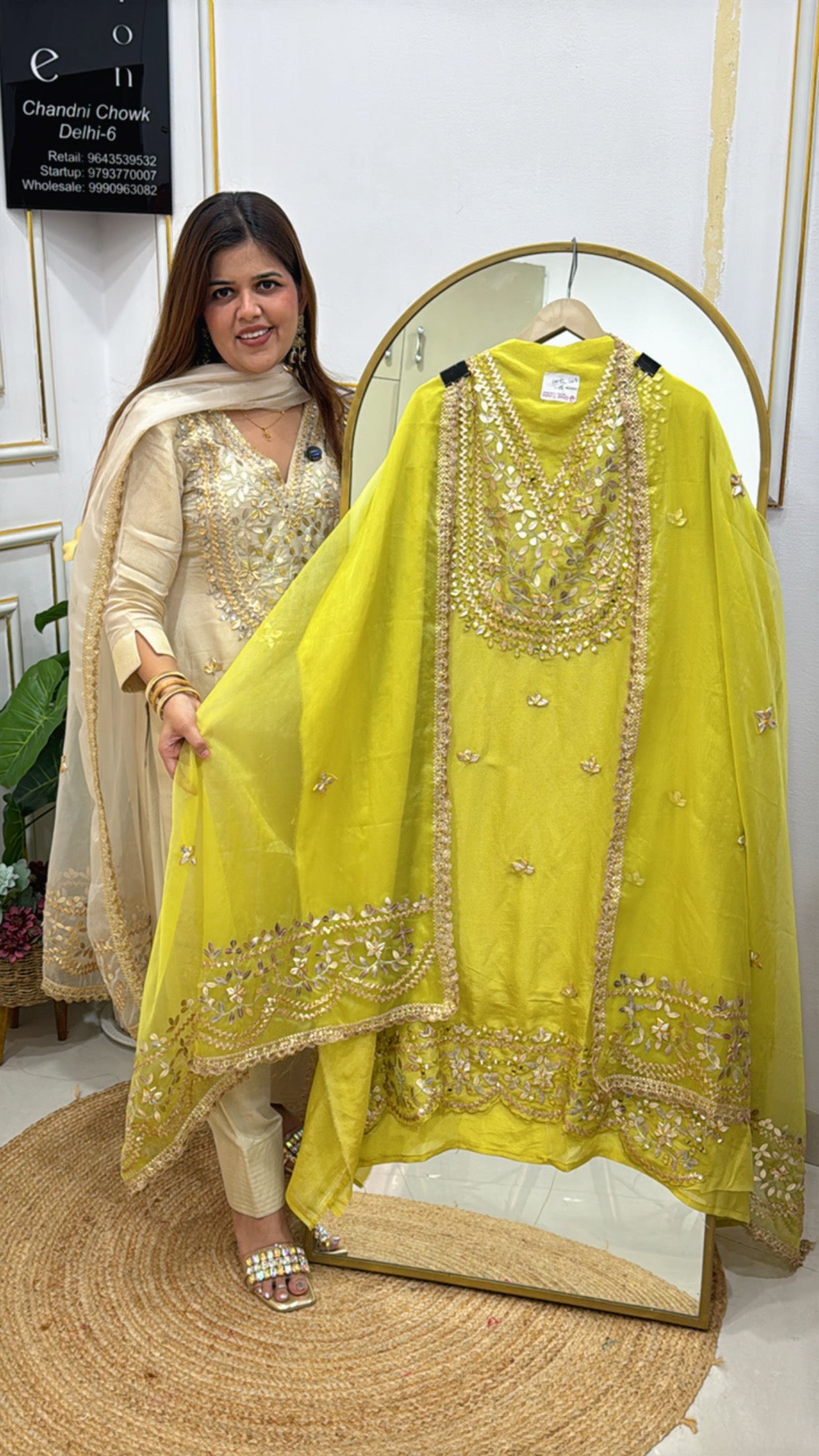 Partywear Shimmer Silk Suit with Full Leather Patch &amp; Gota Detailing and Designer Organza Dupatta GF 540