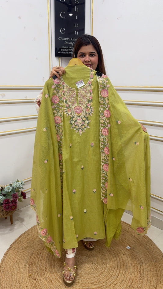 Beautiful and classy neck pearl bead embroidery royal Mul Mul suit material along with both side scalped Mul Mul dupatta GF1093 LIGHT GREEN