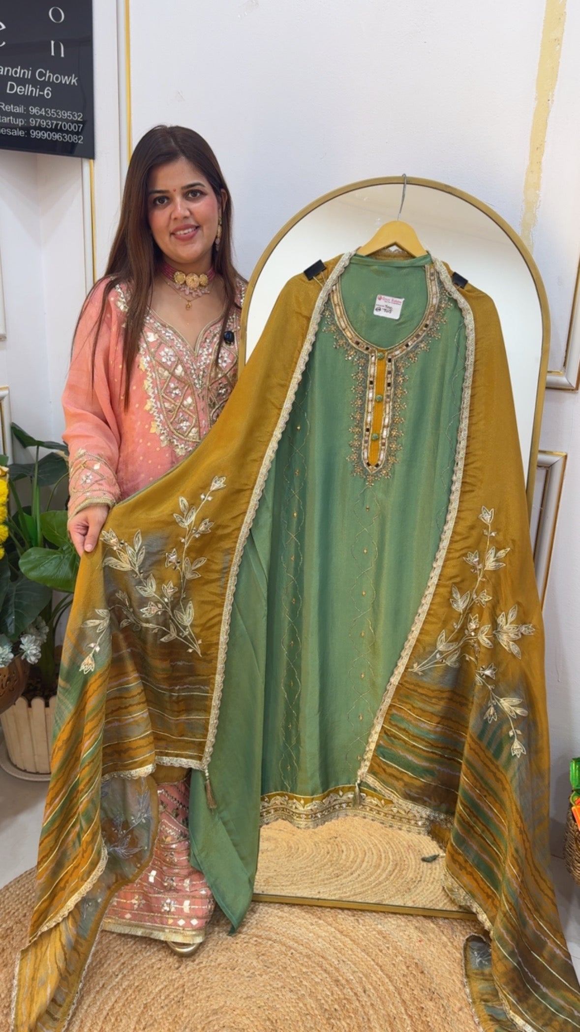 Royal and designer premium shimmer silk with elegant neck work along with designer applique work digital dupatta GF690