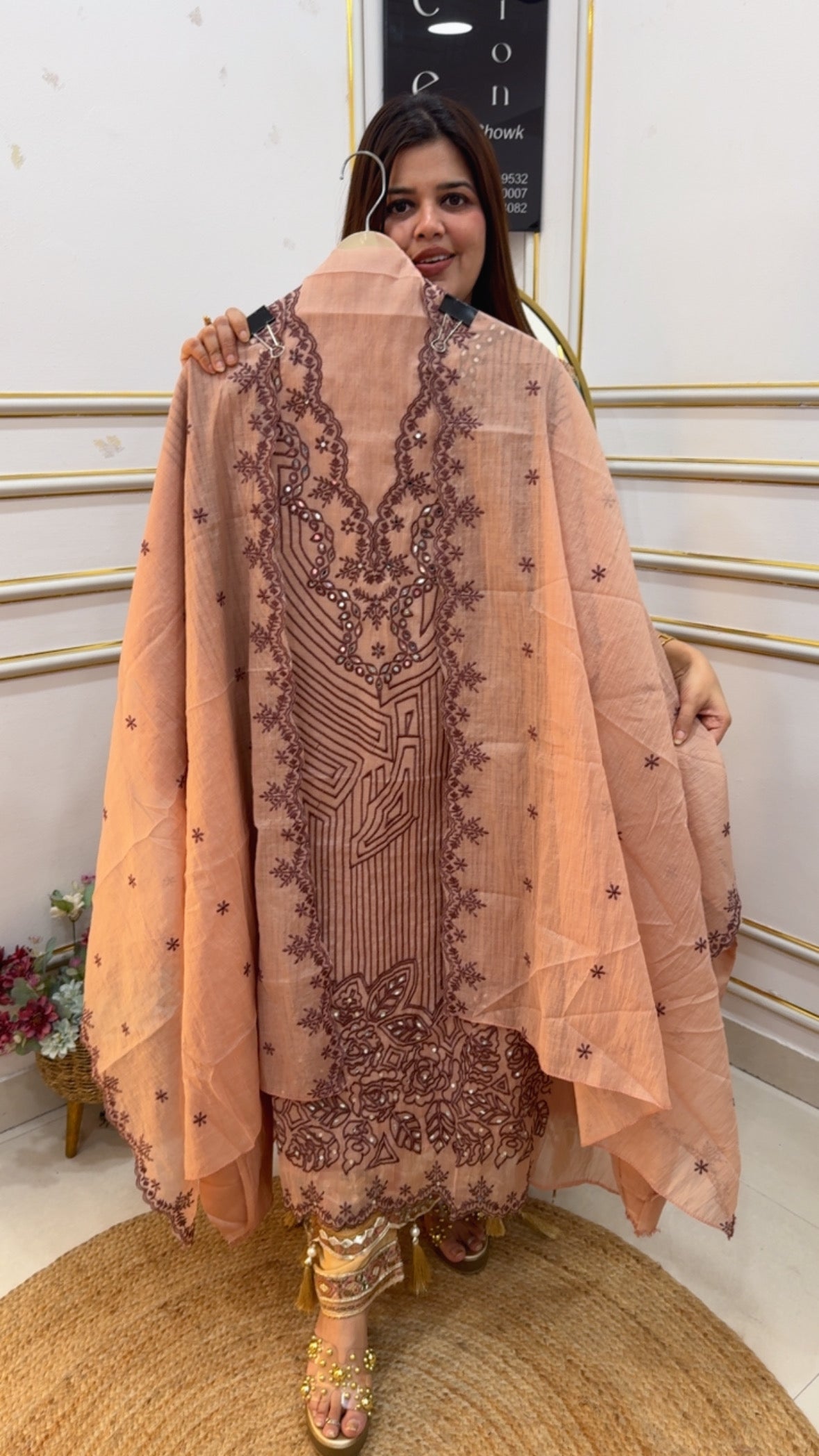 Super premium and classy Mul Mul full embroidery suit material along with pure Mul Mul designer super soft duapatta GF1131 Soft Peach Nude