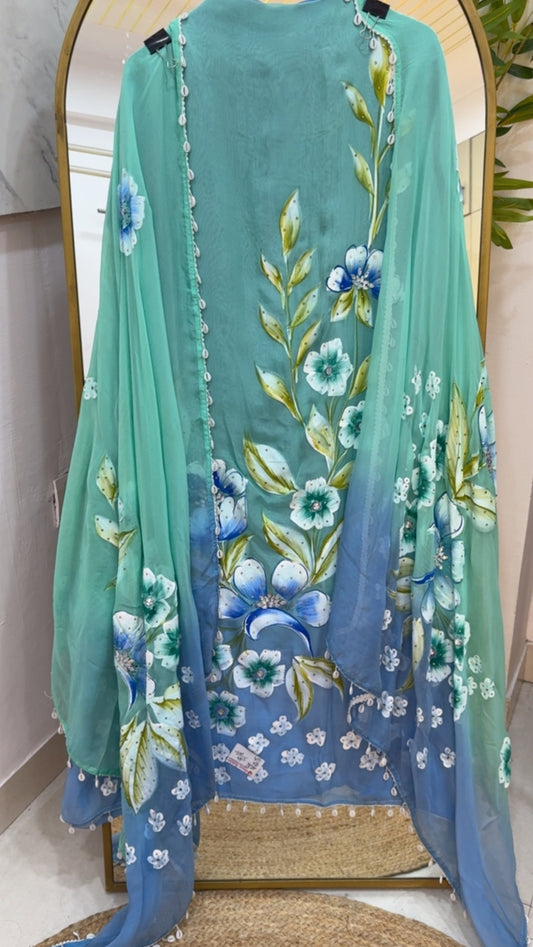 Brush painted premium quality Organzza silk suit material along GF1003 TEAL