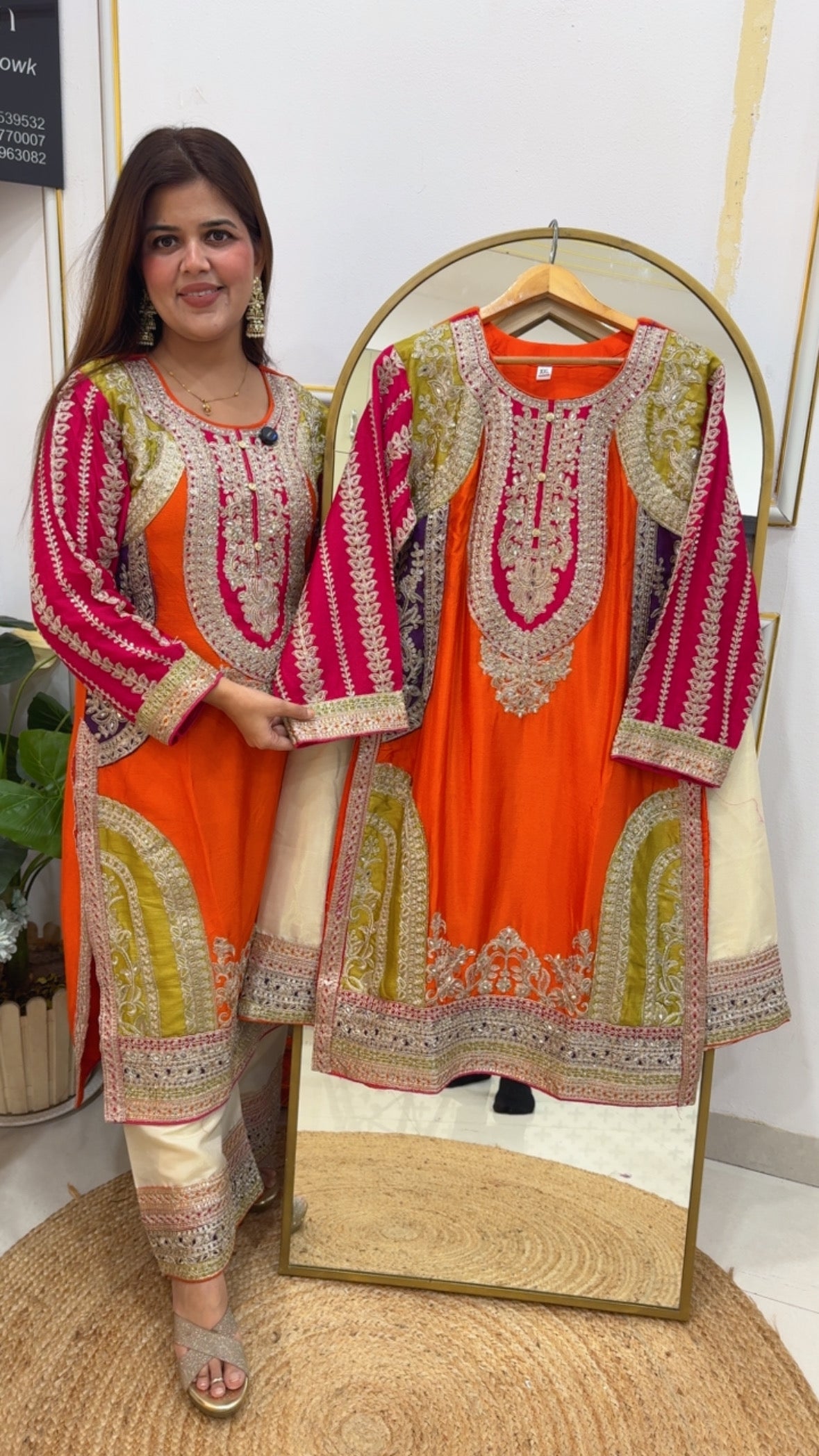 Ready to wear premium pure Chinnon multicoloured full embroidered dress with Elegant work flappers  GF702