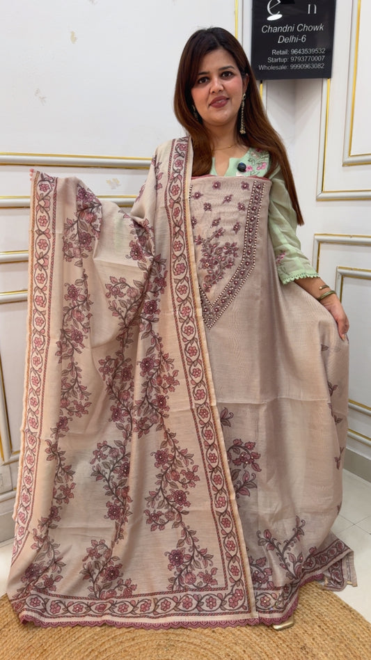 Latest and unique tusser silk neck bead work designer printed suit material along with beautiful printed dupatta GF1081 Blush Rose Pink