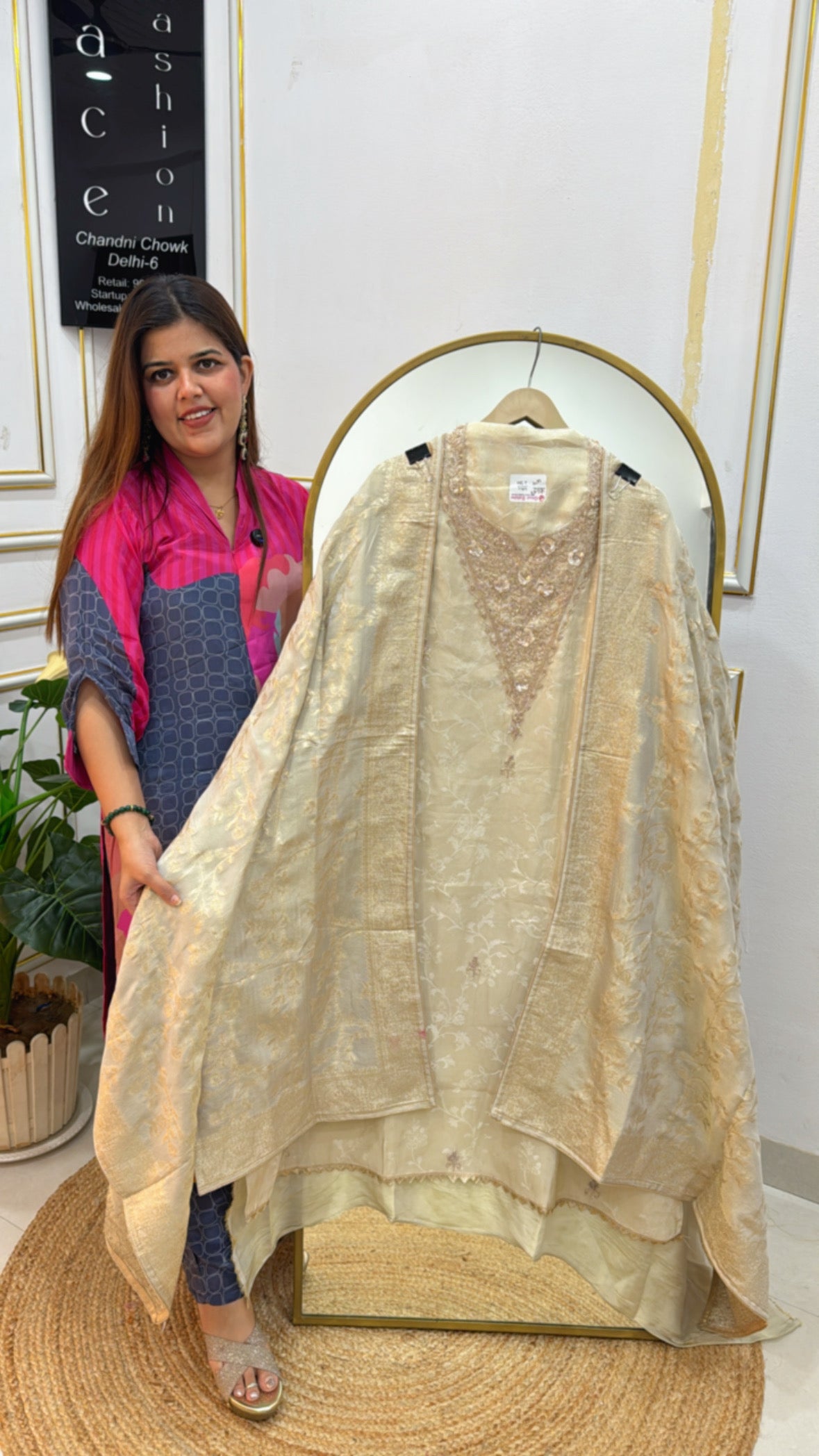 Elegant and trending pure shimmer silk golden ivory suit material along with designer neck and shimmer silk dupatta GF 580