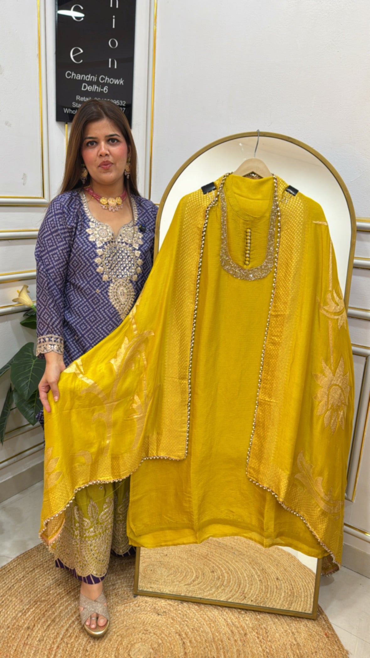 Karwa Chauth special best seller pure shimmer silk suit material with neck handwork along with fully weaved silk banarasi dupatta GF 646