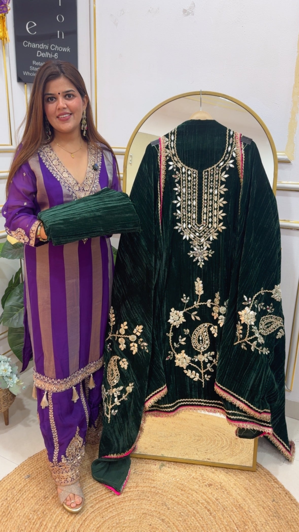 Pure velvet partywear special premium handwork detailing heavy partywear suit material with handwork full length dupatta along with pure velvet bottom GF762