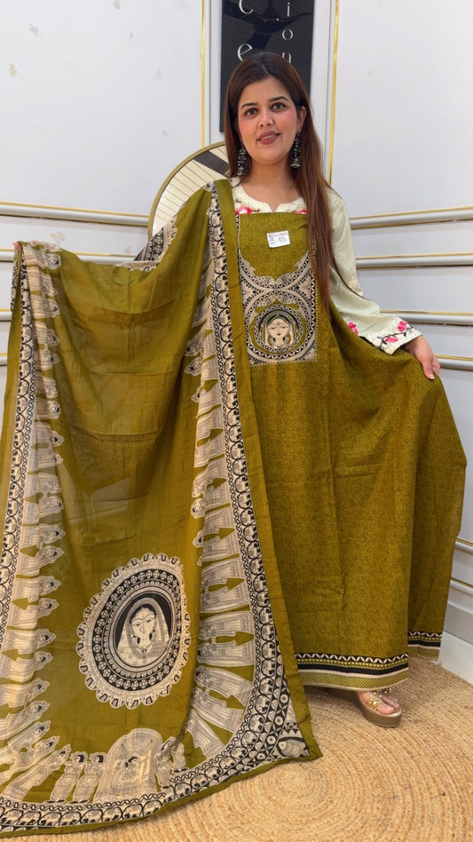 Classy and royal pure cotton very elegant figure printer suit material along perfect and classy look for summer season GF1015 MUSTURD OLIVE GREEN