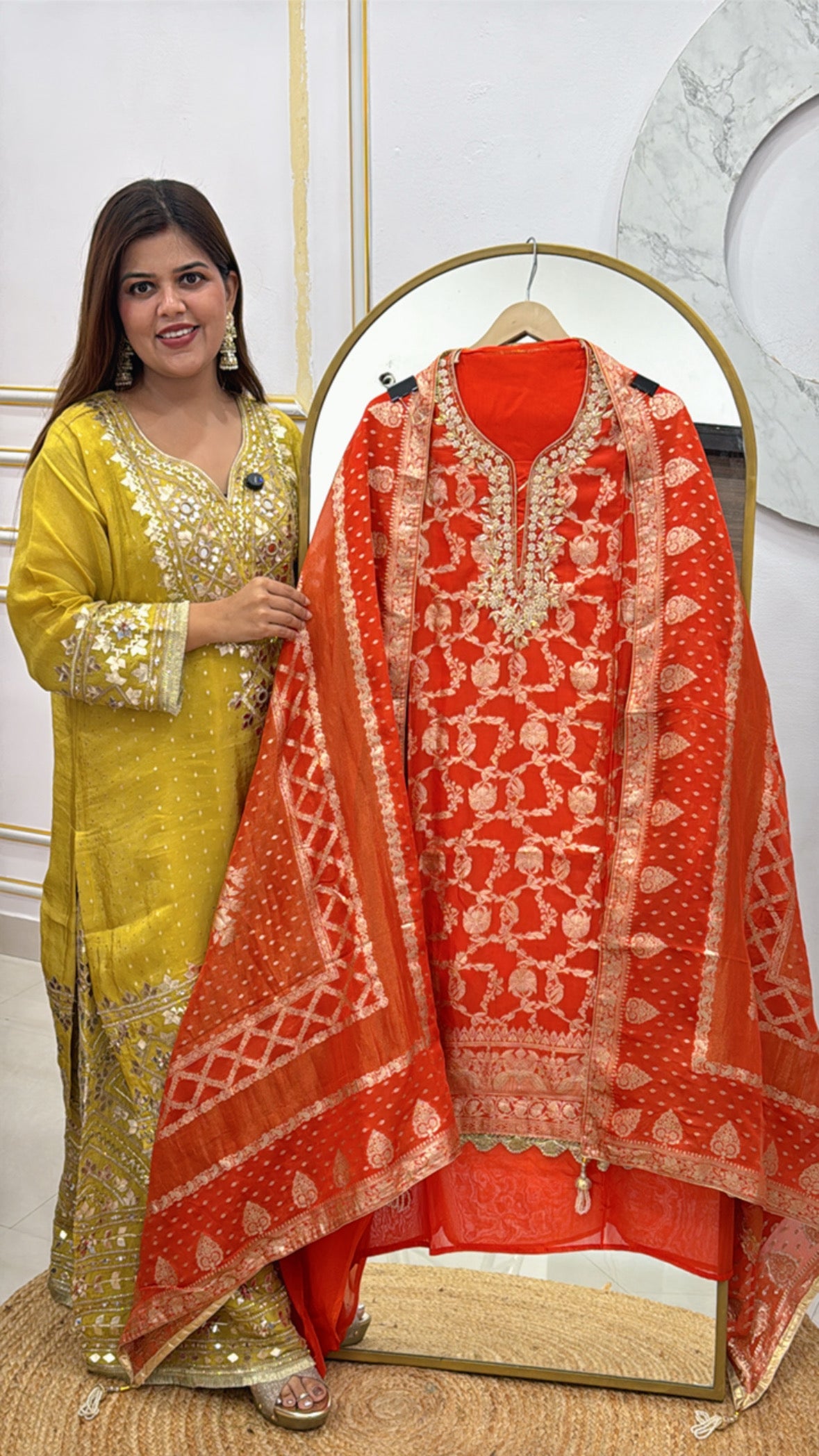 Wedding special partywear full weaved work organza silk shirt with handwork neck along with full length pure weaved dupatta GF479