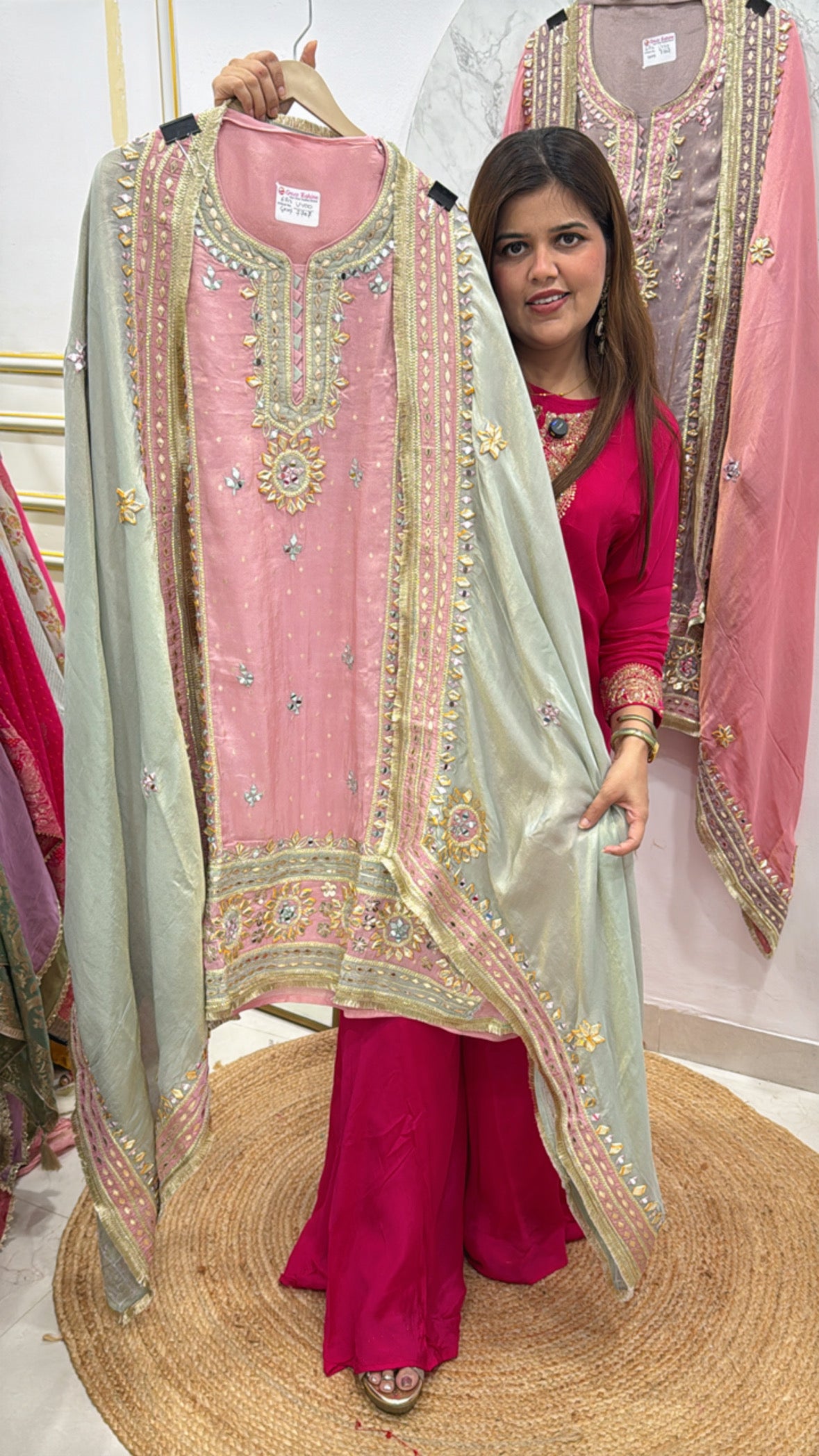 Fesitval special pure shimmer silk latest manual gota and mirror work creation suit material along with designer heavy gota dupatta GF555