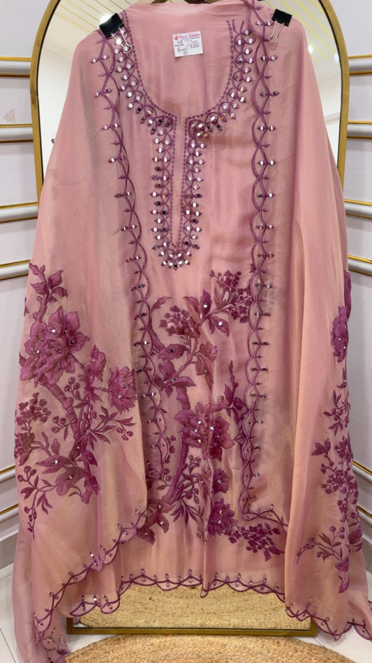 Premium Royal pure shimmer silk laser applique work detailing unique mirror work suit material GF1011 ROSE PETAL PINK