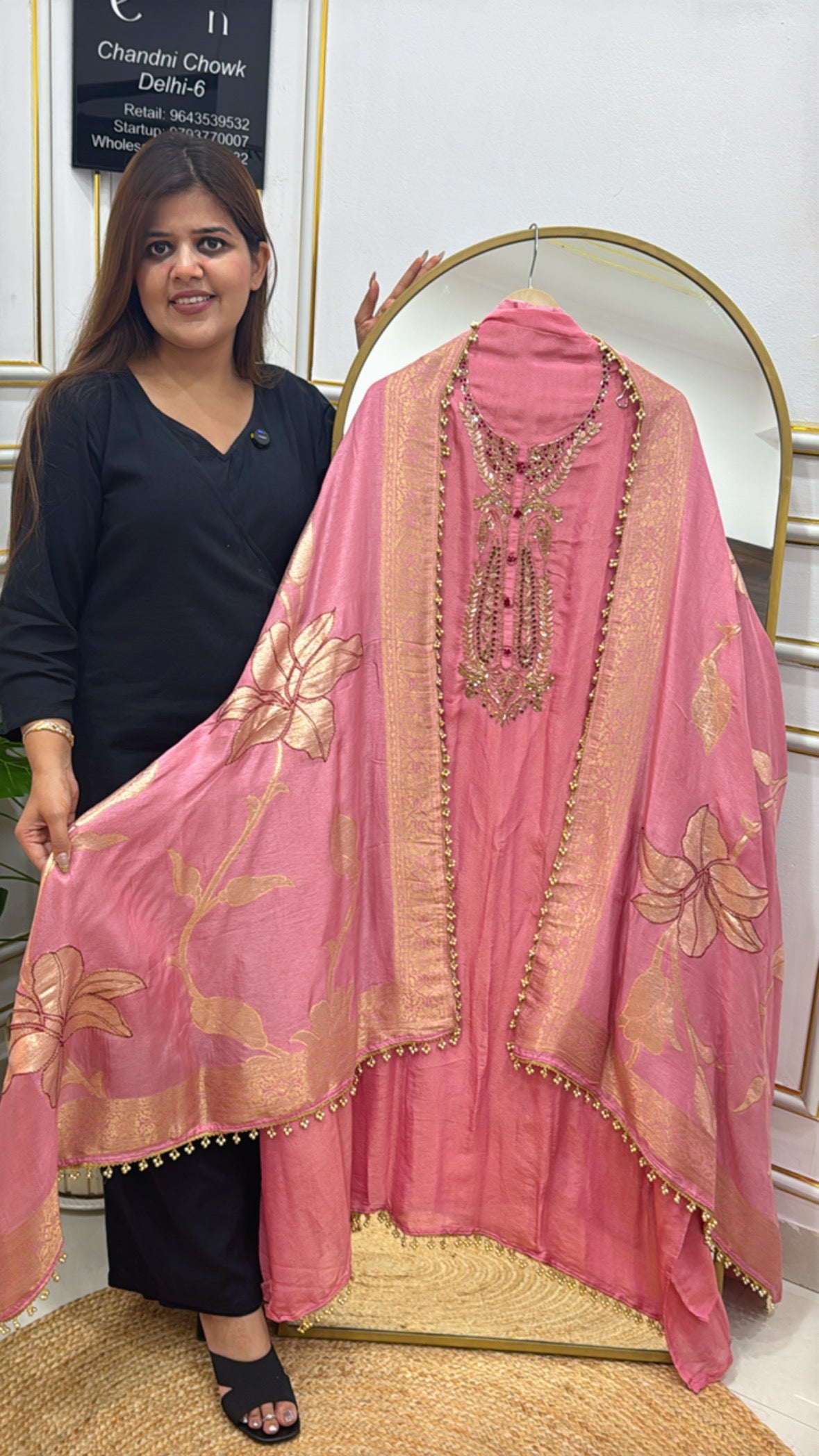 Premium Silk Suit Material with Weaved Dupatta & Allover Hanging Laces  GF 330