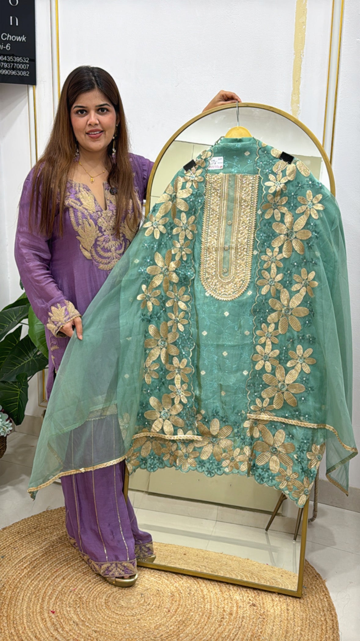 Designer semi partywear looking pure silk shirt material along with pearl mirror handwork neck with designer scalped organza dupatta GF 551