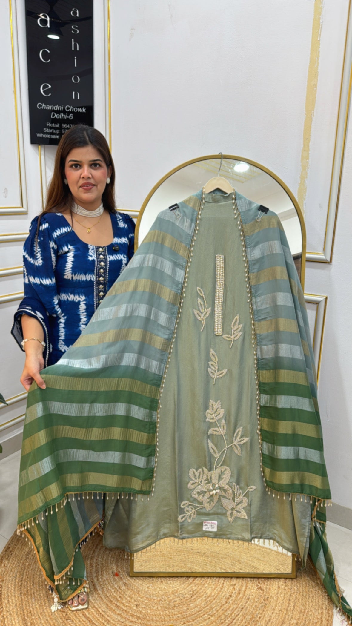 Designer and latest pure shimmer silk suit material with unique handwork detailing along with designer shimmer silk dupatta GF571