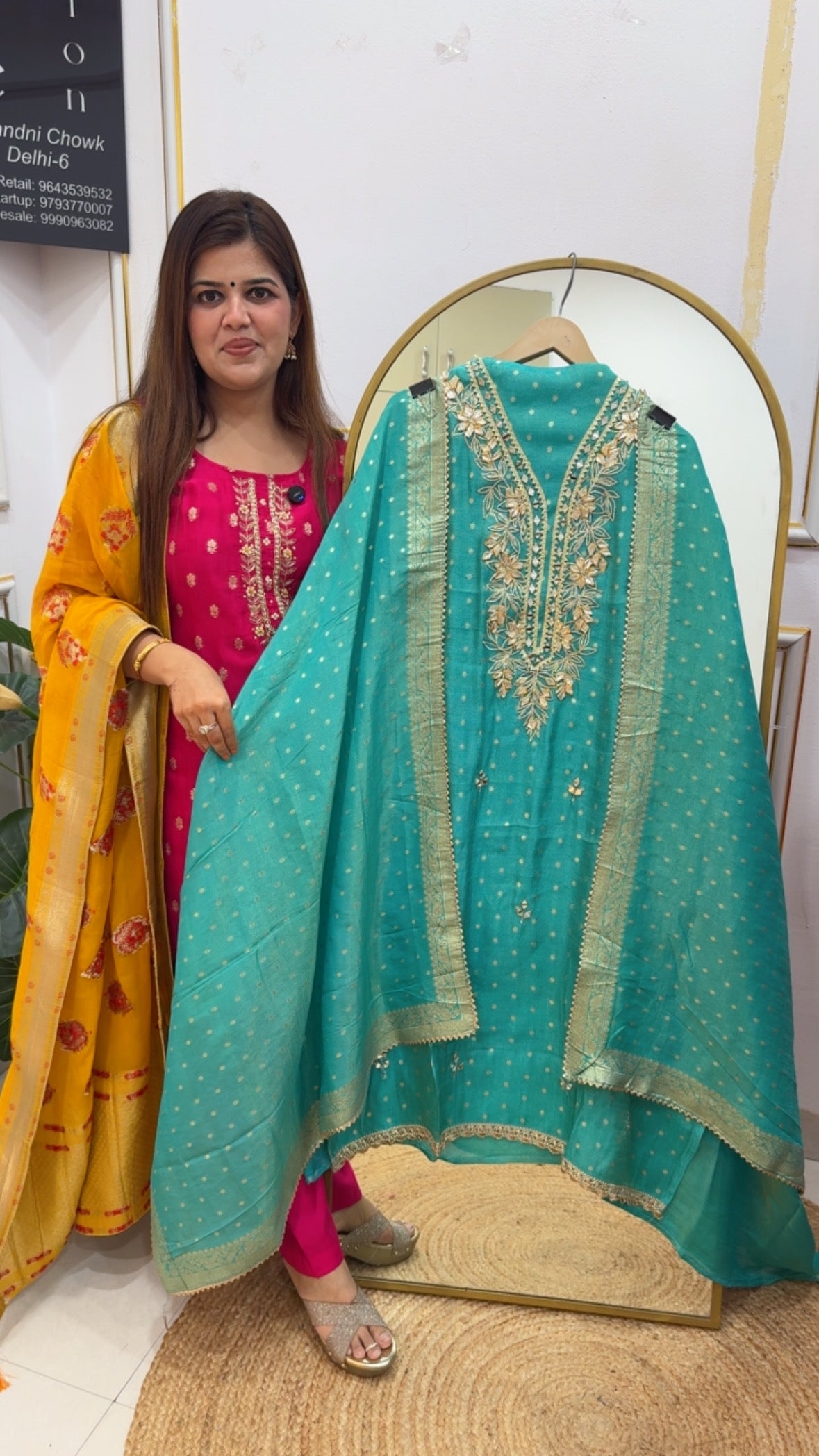 Wedding and partywear special gota patti premium neck detailing with viscose organza full weaved shirt suit material and dupatta GF 753