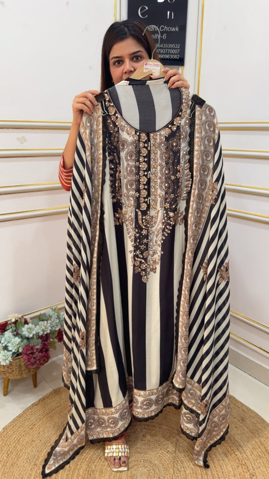 Pure muslin designer celebrity style pattern suit material along royal and classy Mul muslin dupatta GF1107 WHITE WITH BLACK STRIPED