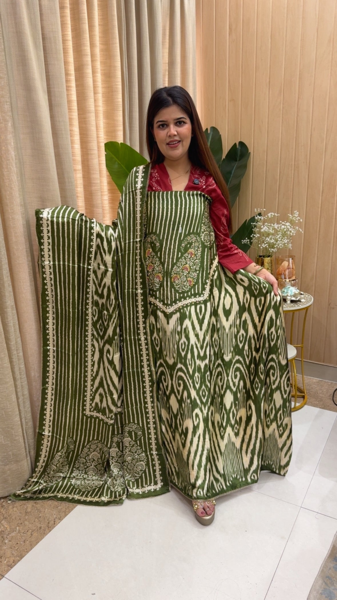 Gazzi silk premium quality Ikkat printed pure design luxurious suit material along with designer Ikkat printed dupatta GF1163 Green