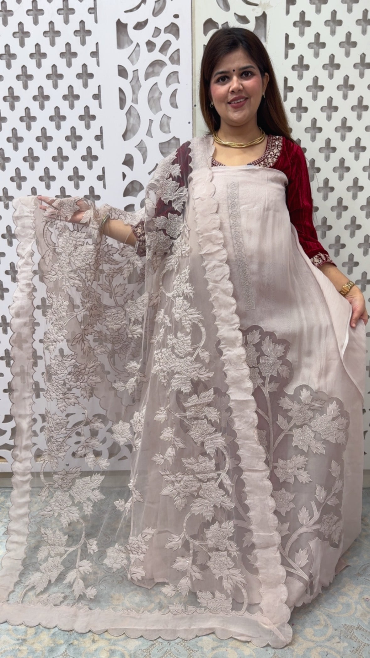 Premium and designer Royal Applique  work Organzza silk super classy suit material  along with unique applique work dupatta GF864