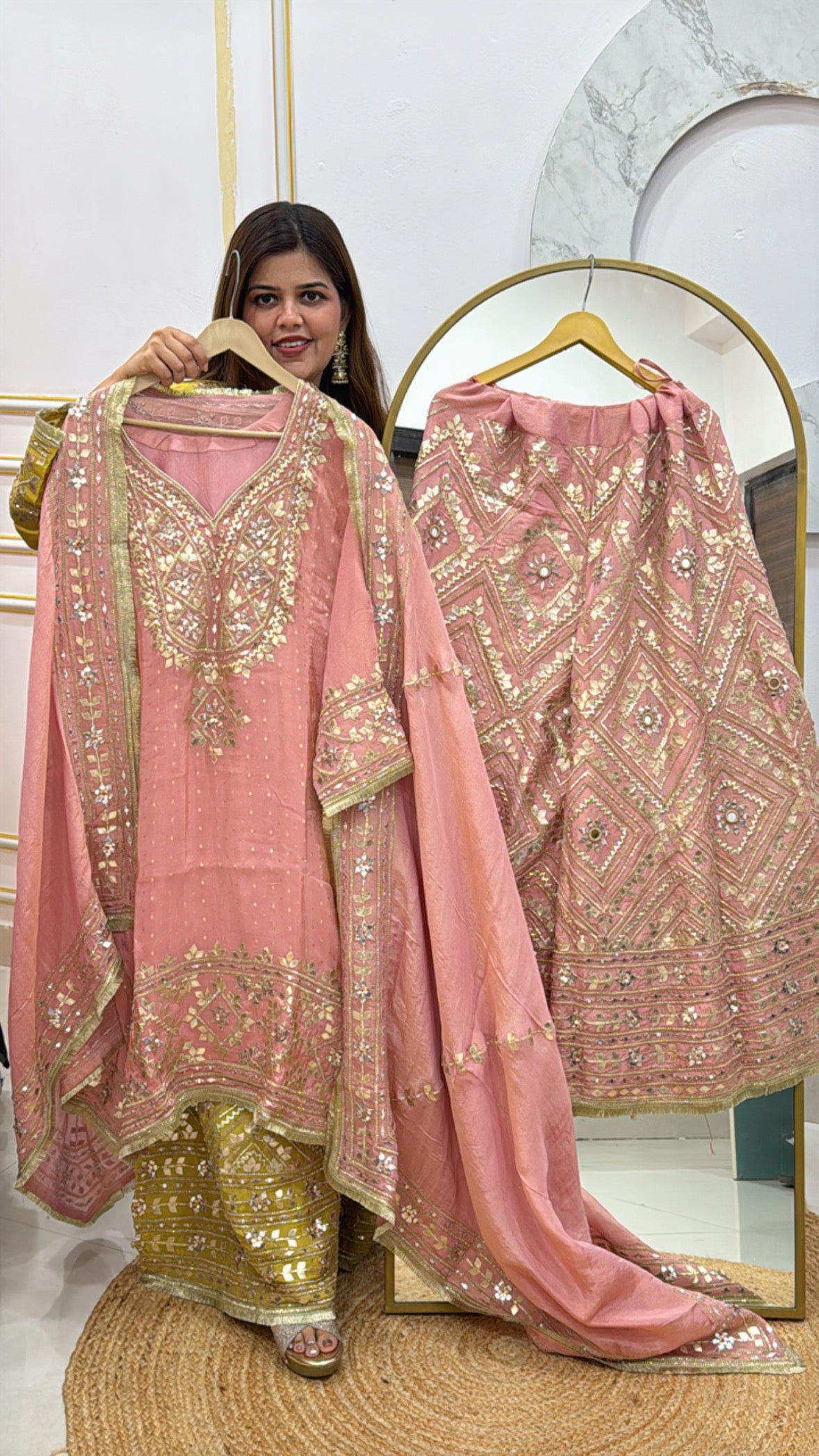 Ready to wear full manual gota mirror and leather patch detailing over pure shimmer material dress along with stich full gota work flapper GF478