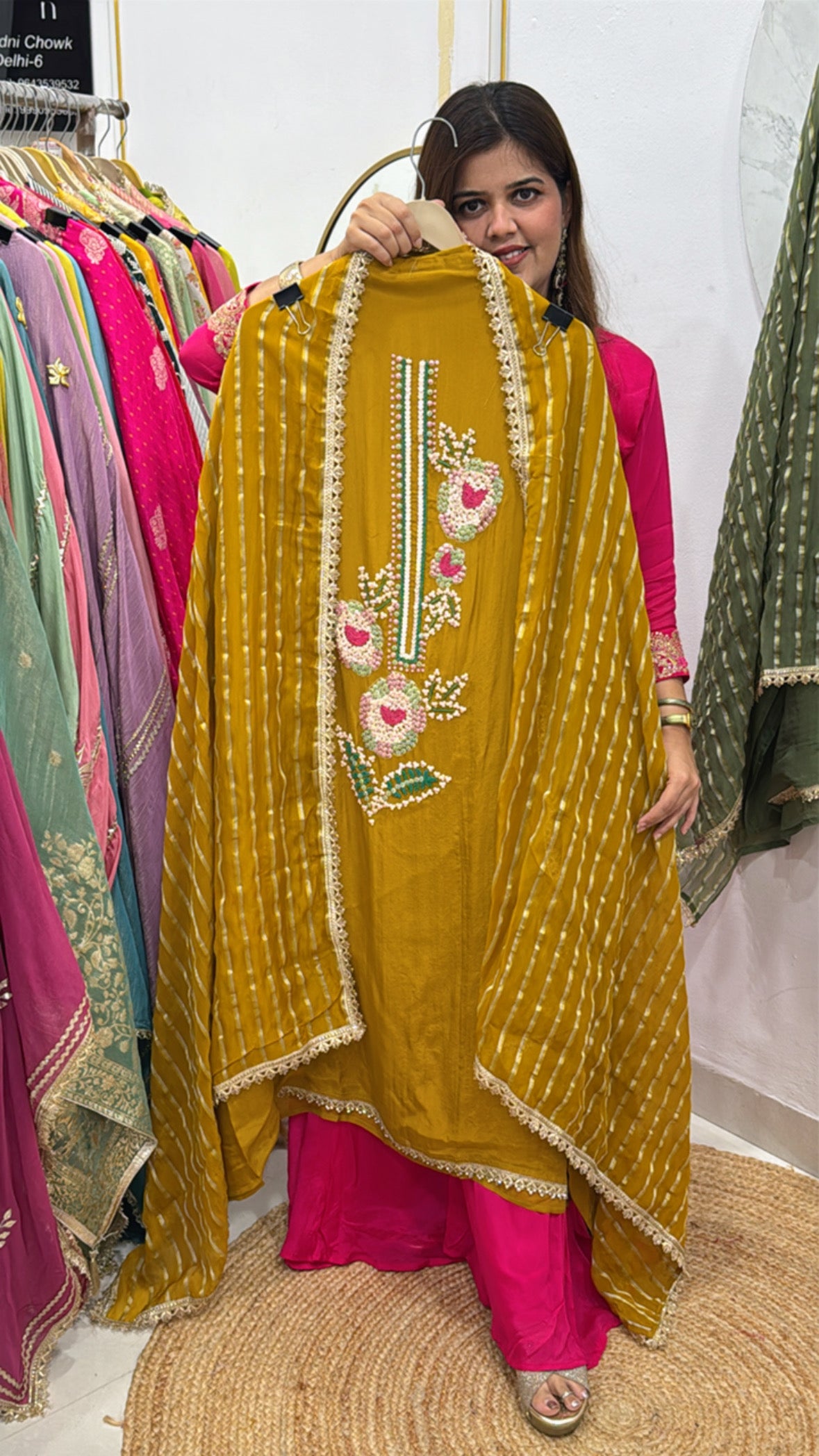 Partywear special latest 3d handwork over pure crushed shimmer silk shirt material along with designer silk dupatta GF558