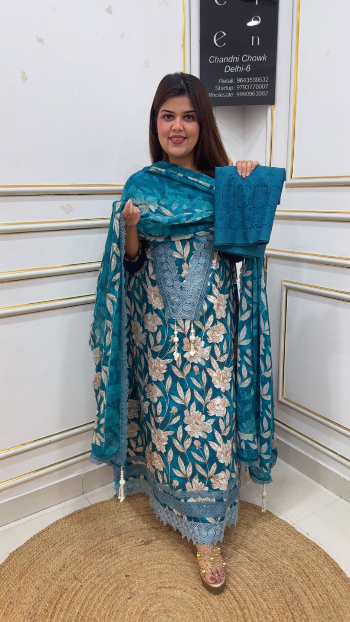 Premium and pure Karachi laces detailing designer pure cotton suit material with digital printed muslin dupatta GF1125 Blue