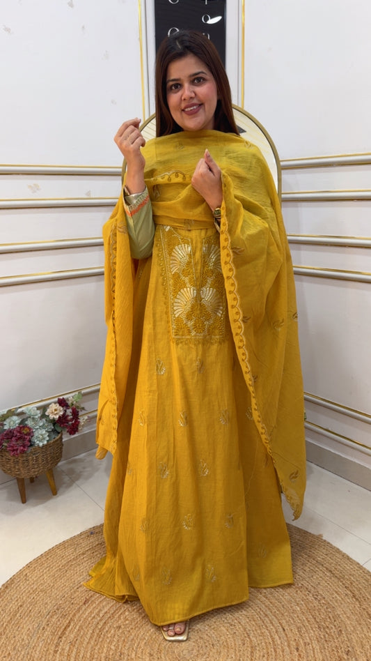 Latest launch Mul Mul peeta neck work summer special beautiful suit material with classy scalp dupatta GF1036 Yellow