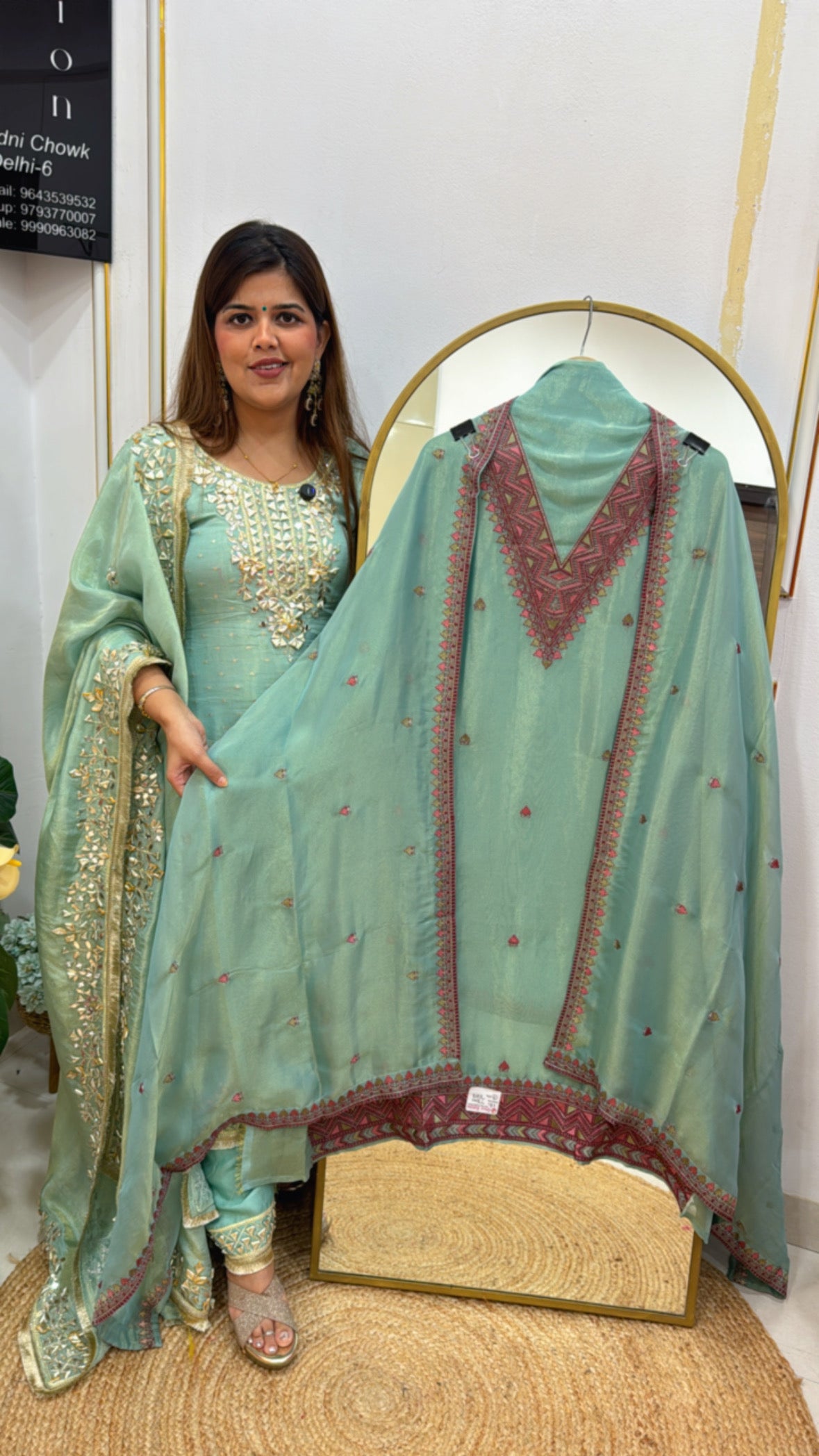 Elegant and designer shimmer silk suit material with thread embroidered neck and dupatta GF589