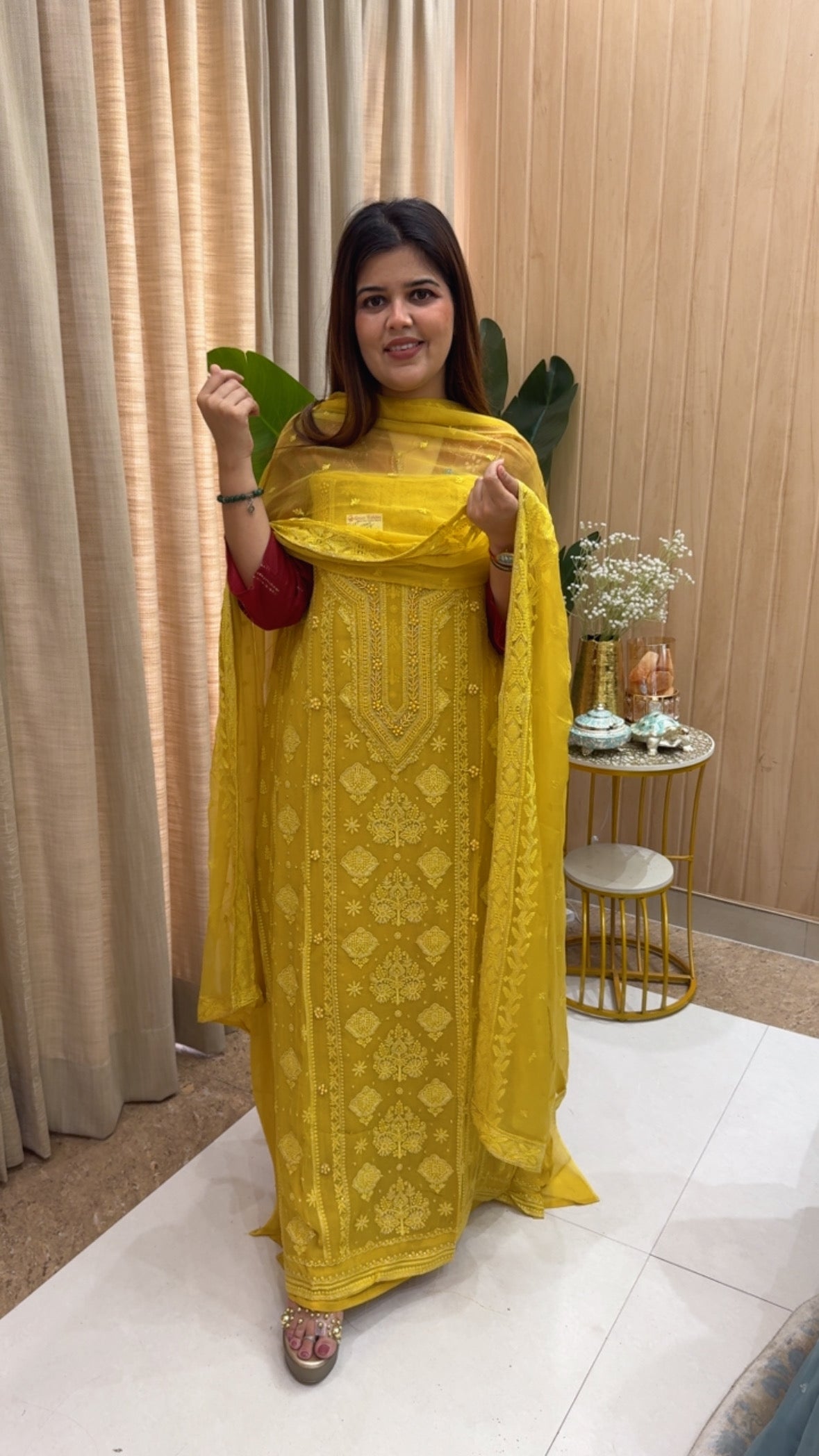 Luxurious pure Georgette chikankari embroidery Lucknowi premium suit material along with pure chiffon Lucknowi dupatta GF1162 Yellow