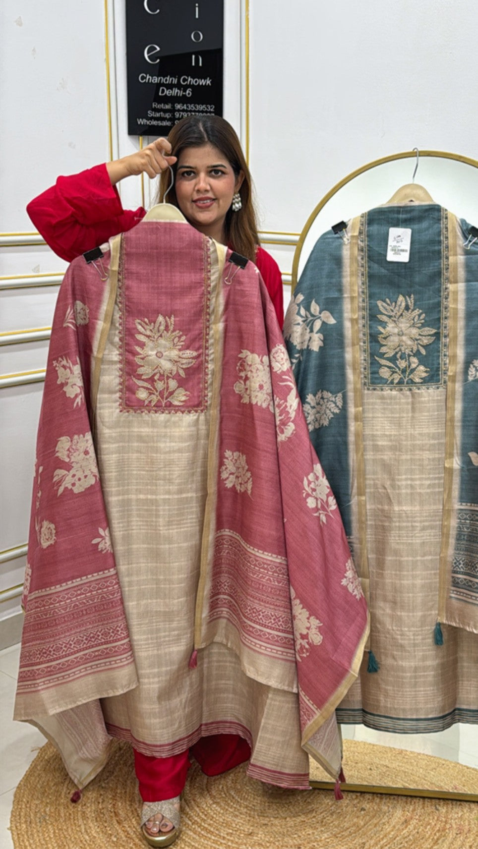 Elegant Pure Soft Tusser Silk Shirt with Embroidered Neck &amp; Tusser Silk Dupatta GF 522