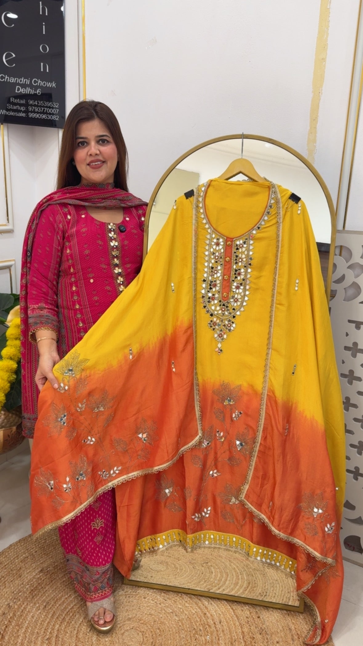 Mirror work glam premium pure shimmer silk ombre style with latest mirror work suit material along with peeta highlighted dupatta GF711