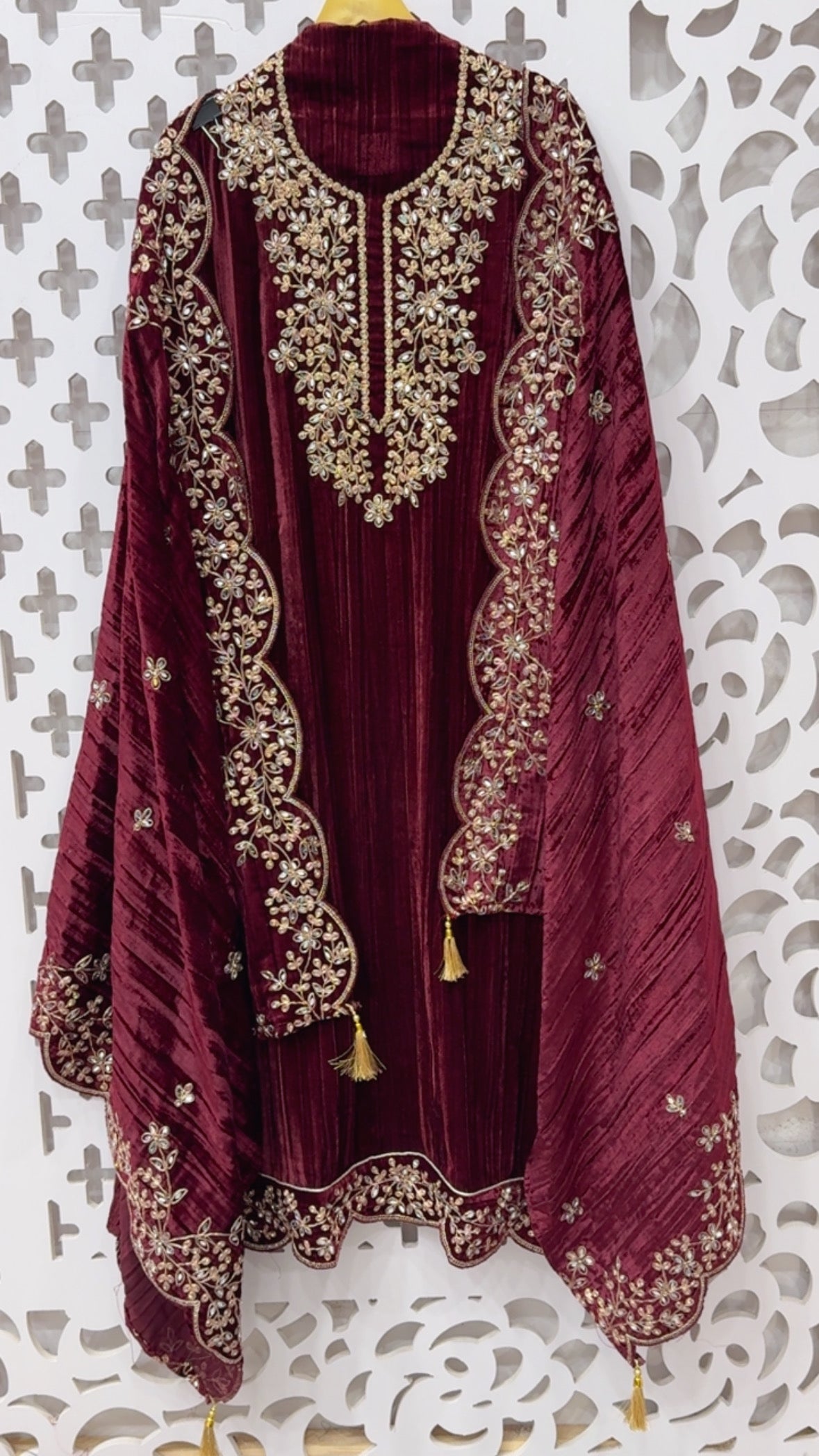 Wedding style pure premium crushed full manual doria and mirror work  velvet partywear suit material with bottom work and full work dupatta GF842