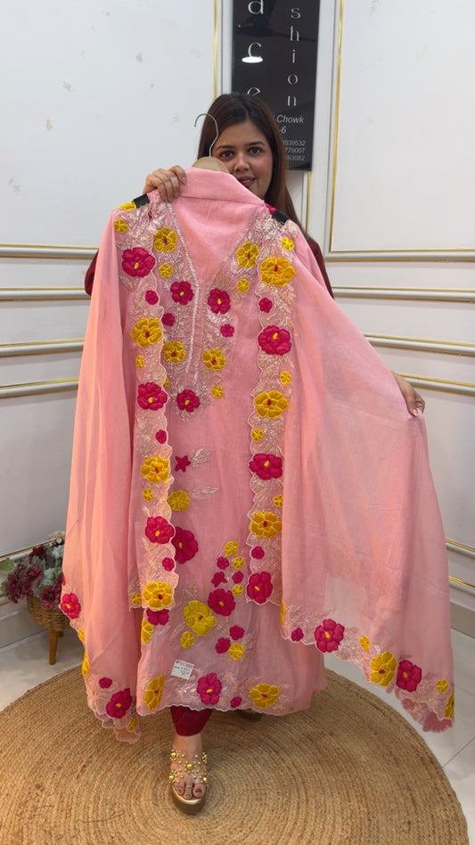Designer premium applique work exhibition style summer partywear Special suit material with designer applique work dupatta GF1072 Blush Rose Pink