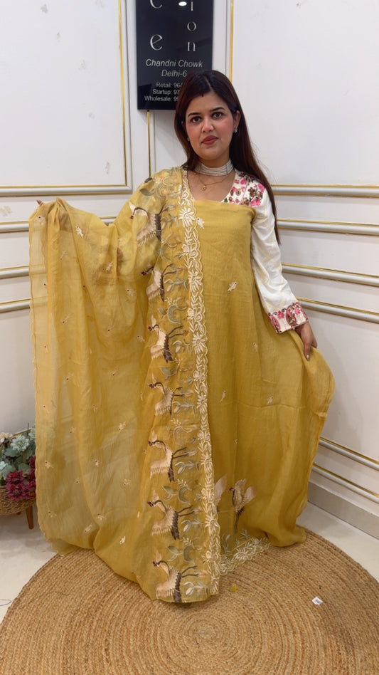 Latest Designer pure Mul Mul flamingo embroidery royal summer friendly suit material GF1091 LIGHT YELLOW