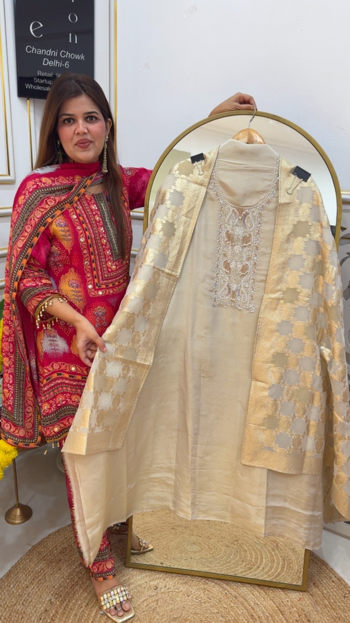 Unique and designer premium pearl handwork detailing pure shimmer silk suit material with designer weaved kanjivaram dupatta GF 736