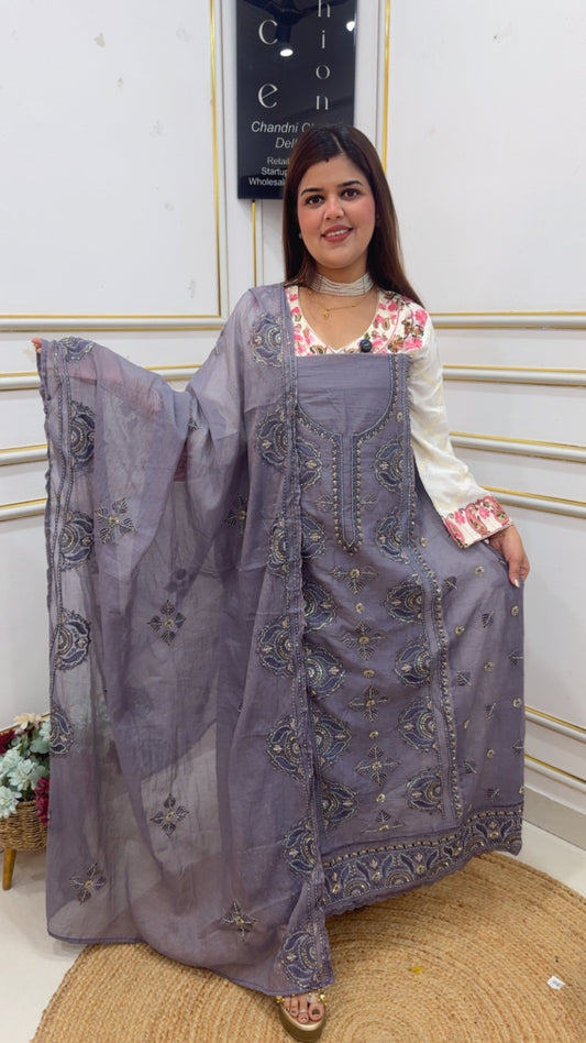 Summer most special partywear Mul Mul cotton suit material along with handwork detailing all over suit material and all over dupatta work GF1088 Rosewood Mauve