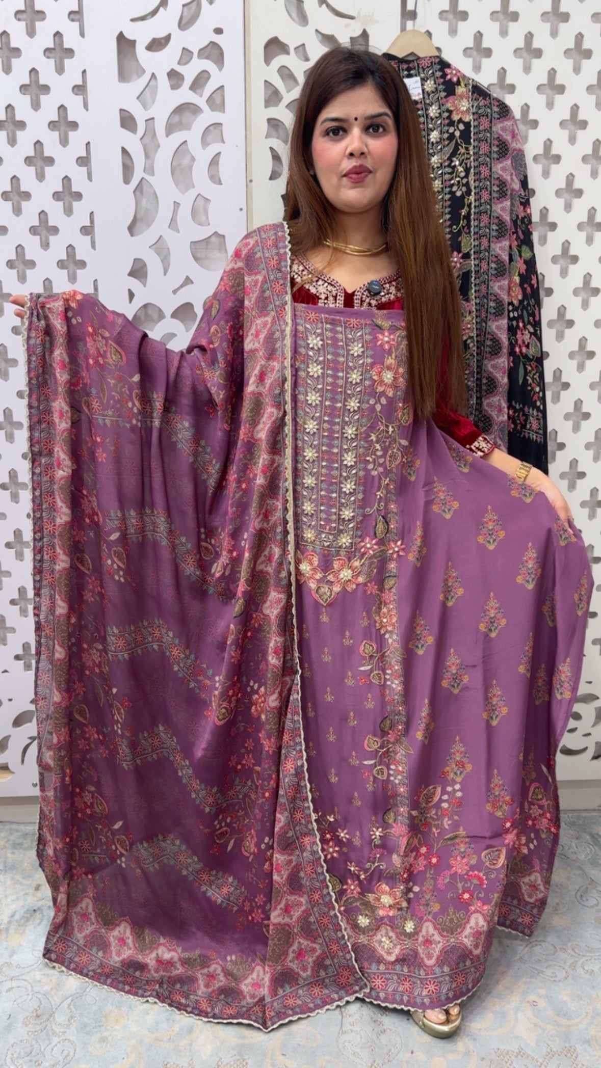 Pure and premium Royal crape silk suit material along partywear with full premium handwork detailing Karachi printed with Chinnon silk Karachi printed dupatta GF863