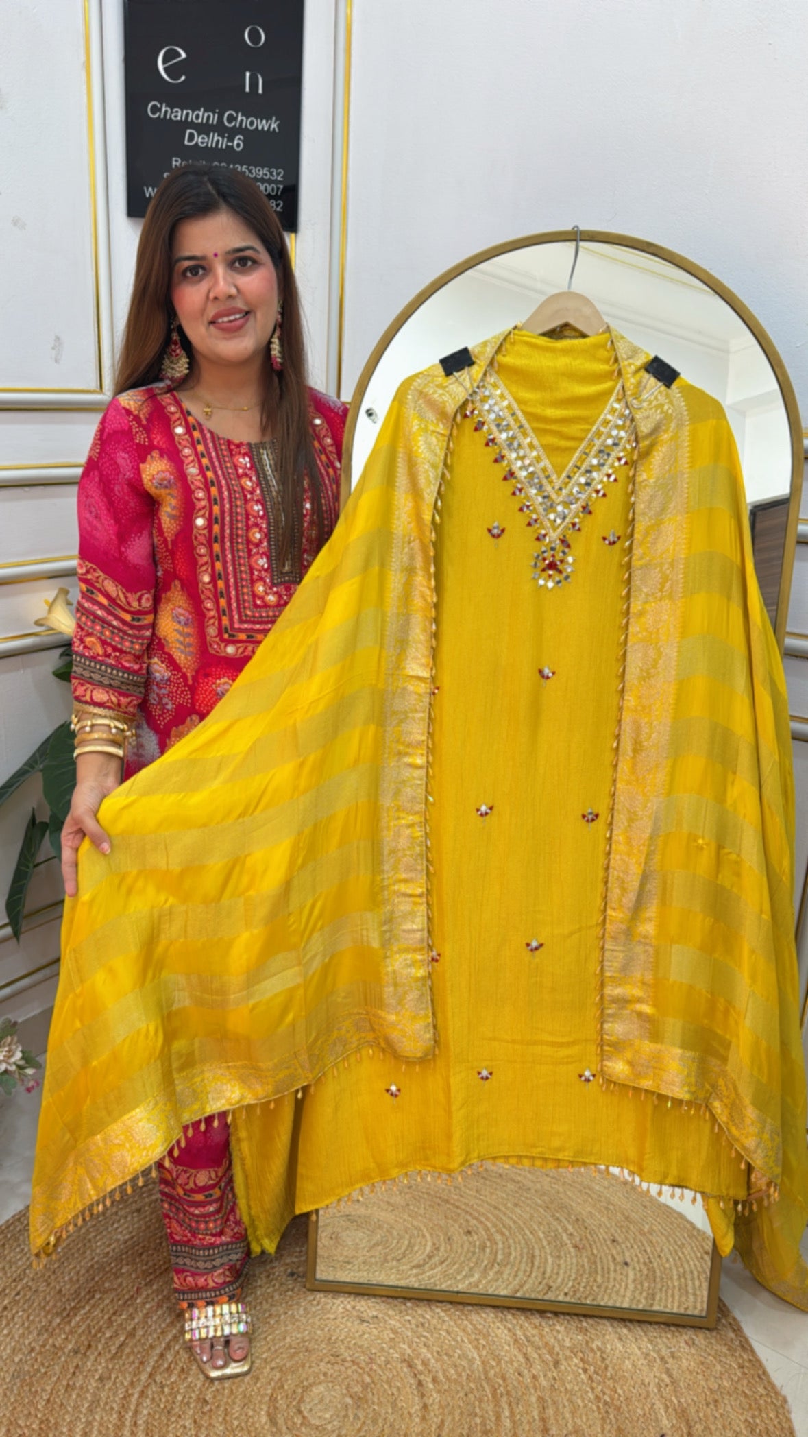 Stylish and beautiful crushed silk suit material with designer mirror neck work along with designer dupatta GF641