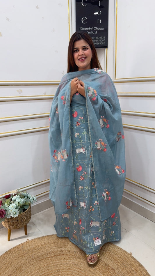 Latest Mul Mul full embroidery jamdhani series super Royal and classy suit material along with embroidery dupatta summer special suit material GF1063 Vintage Slate Blue