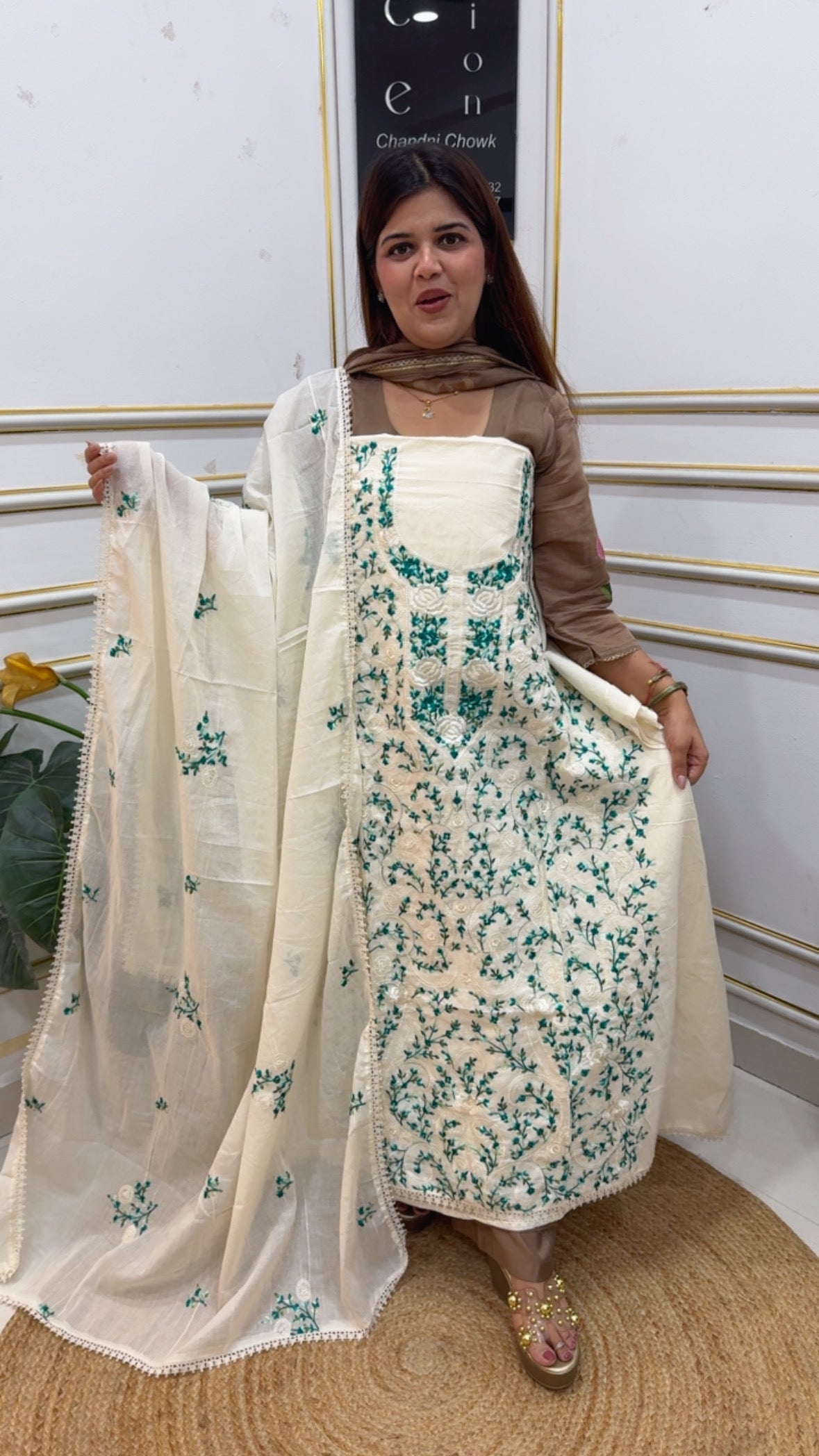 Pure cotton full Persian embroidery work royal and classy suit material along along with pure cotton full embroidered dupatta GF1154 IVORY WHITE WITH GREEN