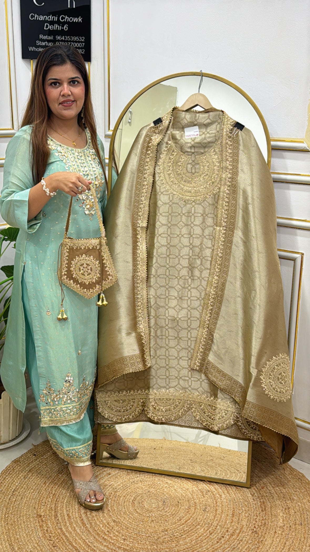 Karwa Chauth special unique pure kanjivaram metallic colour chat suit material along with designer potli, with front back and bottom work GF575