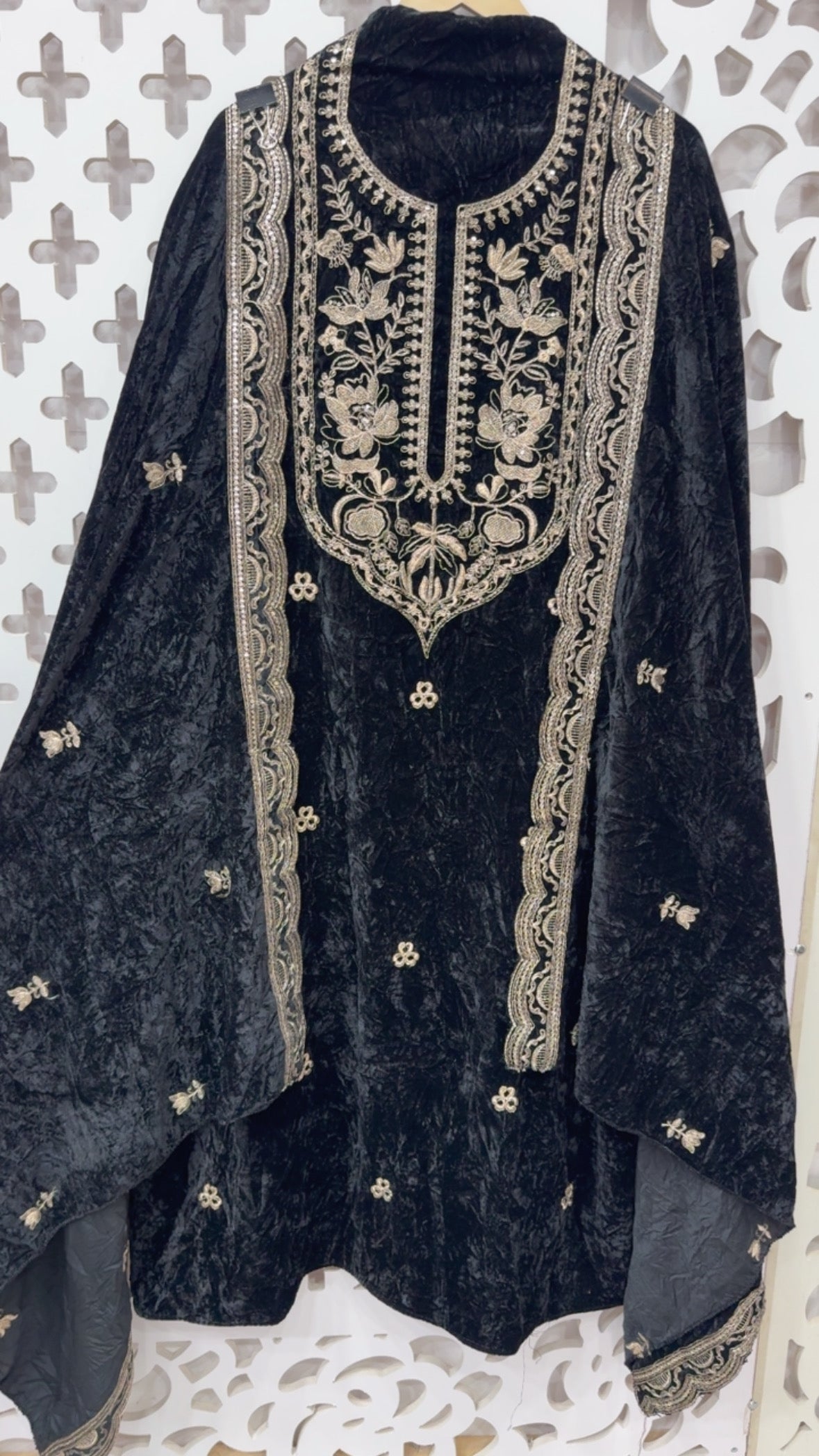 Super Royal crushed velvet  style and elegant full work velvet suit material with full work dupatta and velvet bottom GF840