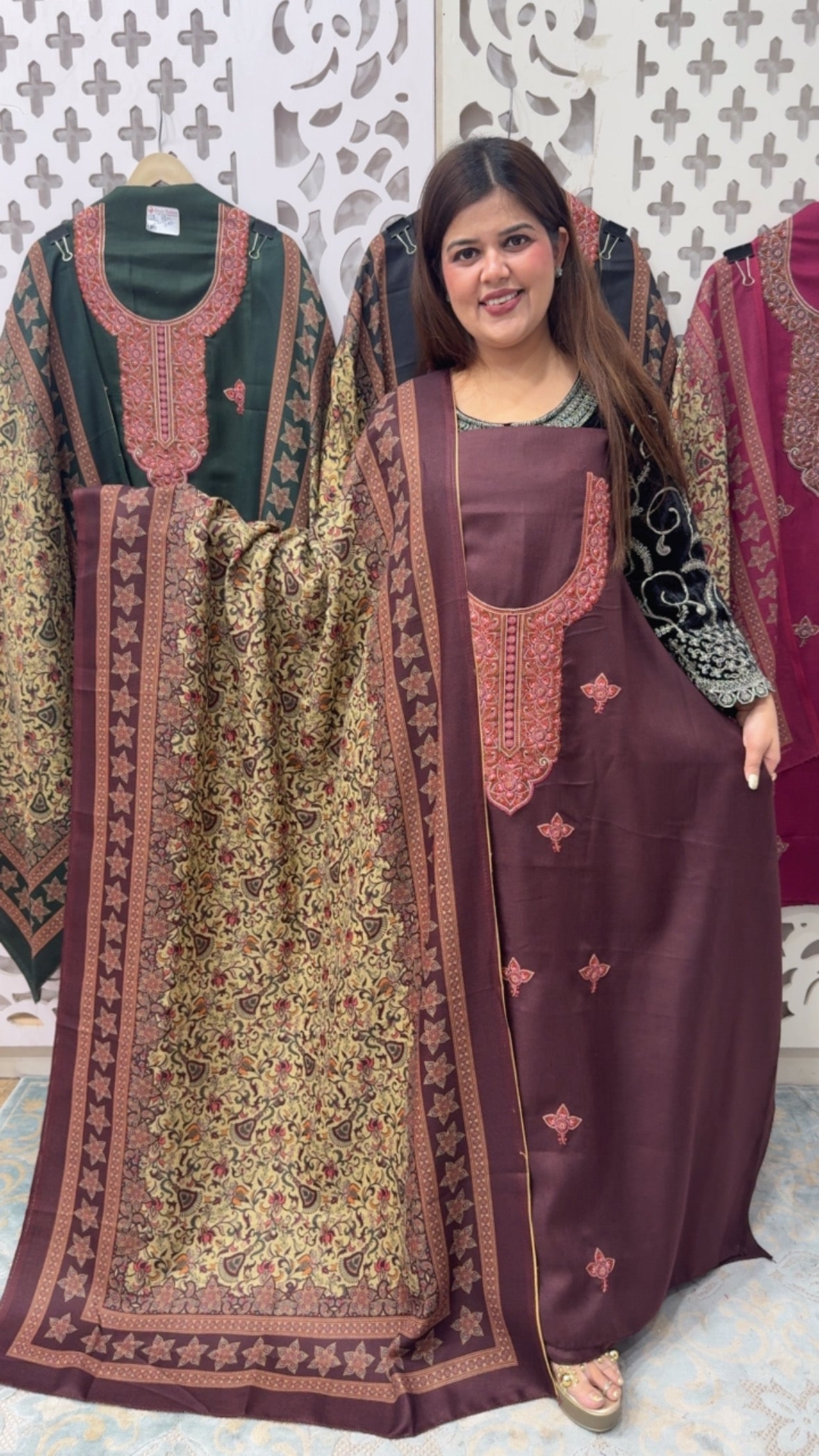 Winter special Kashmiri embroidery pure and warm pashmina suit material along with Kani printed unique pashmina shawls GF849