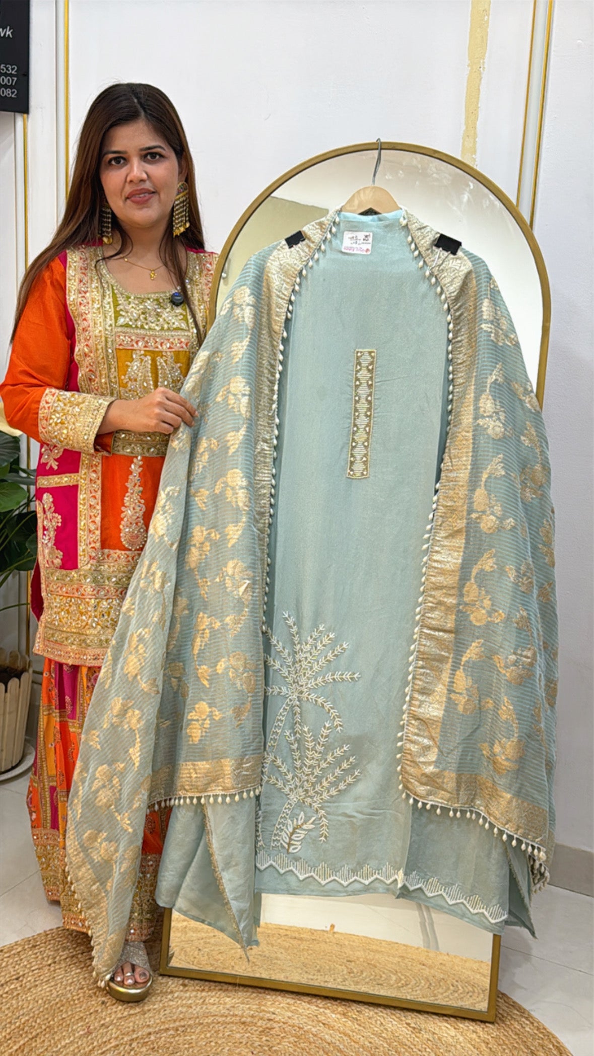 Designer Pure Shimmer Silk Suit with Manual Handwork &amp; Heavy Weaved Kanjivaram Dupatta GF 450