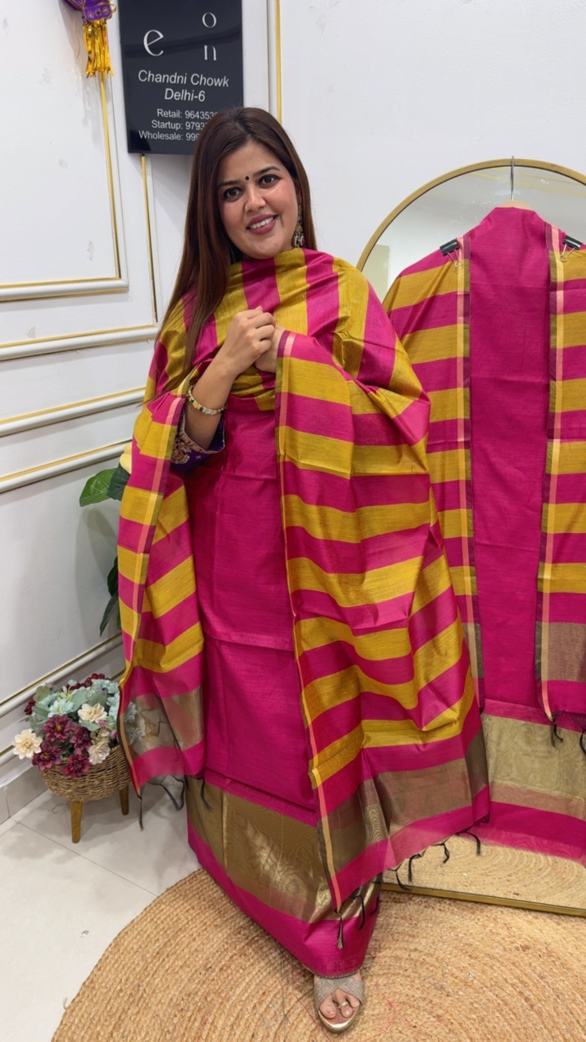 Soft Chanderi silk suit material with golden weaved border and full length Chanderi silk striped dupatta GF 756